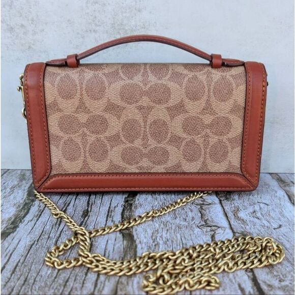 Coach Riley Signature Colorblock Chain Clutch Crossbody Bag. Tan/Rust. #68312 - Picture 3 of 11